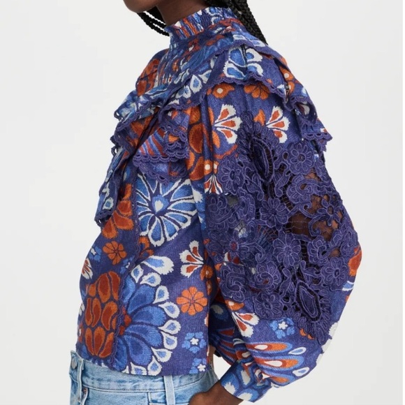 FARM RIO Smocked Pineapple Flowers Navy Blue Blouse Size Small - Picture 3 of 13